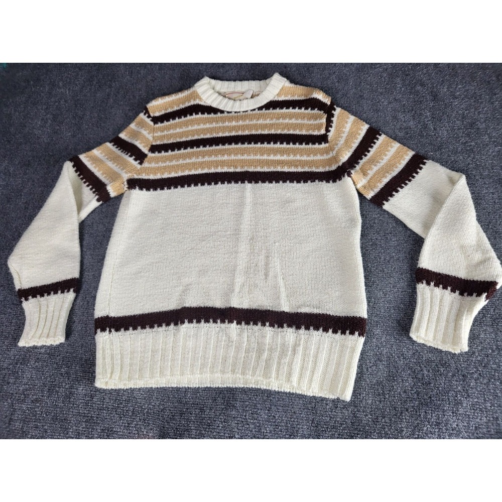 Vintage 70s Sears Striped Knit Sweater Mens Sz Medium Brown White Winter Classic